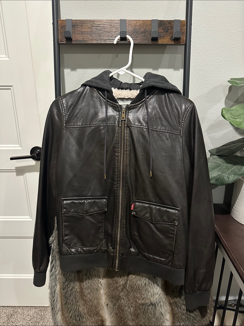 Levi's Black Leather Hooded Bomber Jacket